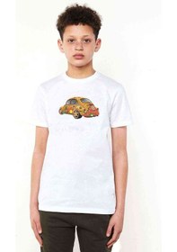 Resim Tshirthane Renkli Baskılı Vosvos Tosbağa Baskılı Unisex Çocuk Beyaz T-Shirt 