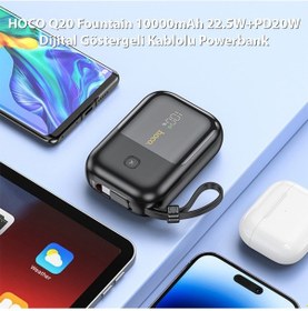 Resim Hoco Q20 Fountain 10000mah 22.5w+pd20w Dijital Göstergeli Kablolu Powerbank Siyah Siyah 