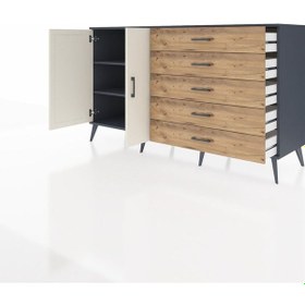 Resim Kronos Konsol 4 Raflı 5 Çekmeceli 2 Kapaklı 176x59x99 Antrasit-aytaşı/çam Aytası/atlas Çam - Antrasıt 