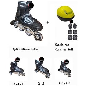 Resim Işıklı Çocuk Pateni Ayarlanılabilir Silikon Tekerli Frenli Metal Gövdeli Paten Ve Kask Dizlik Set Siyah 