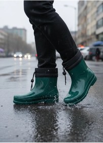 Resim Konçlu Peluşlu Unisex Potin Kadın Yağmur Botu 36-40 Yeşil Yeşil 