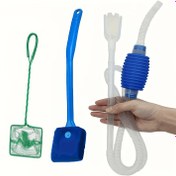 Resim 3 Adet Kaygı Olmaz Set Akvaryum Temizleme Seti: Akvaryum Sifon Su Değiştirme Borusu + Balık Kazık Ağı + Balık Tankı Çift Taraflı Temizleme Fırçası, Balık Tankınızı Temiz, Düz ve Güzel Yapın 