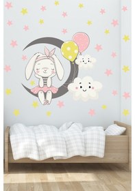 Resim Pembe Sevimli Tavşan Ve Ay Çocuk Odası Duvar Sticker 