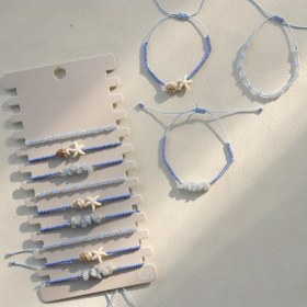 Resim Kadınlar için Tatil Partisi İçin Bohem Tarzı Okyanus Mavisi Boncuklu ve Açık Mavi Doğal Taşlı Ayarlanabilir Bilezik Seti 