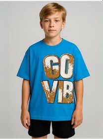 Resim Marions Erkek Çocuk Good Vibes Yazılı Oversize Tshirt-16017 Mavi 