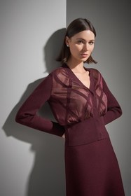 Resim Transparan Tül Detaylı Bordo Triko Hırka 