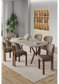 Resim Canisa Radon Serisi Mdf 90x168 Sabit Traverten Mutfak Masa Takımı 6 Cappucino Sandalye Traverten Masa Cappucino Masa 