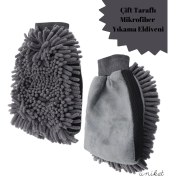 Resim Unikat Çift Taraflı Mikrofiber Yıkama Eldiveni - Makarna ve Sünger Yüzeyli Gri 1 Adet 