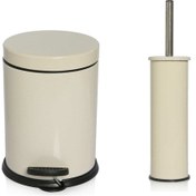 Resim Metal 3 Litre Pedallı Çöp Kovası Ve Wc Fırçası Set Krem 