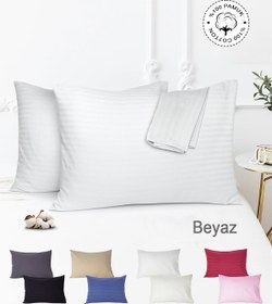 Resim %100 Pamuk 2’li Çizgili Saten Yastık Kılıfı - Beyaz 
