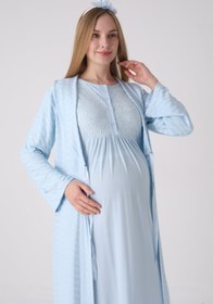 Resim Lohusa Gecelik Sabahlık Takımı Jakarlı Dokulu Dantel Göğüslü Düğmeli Emzirme Pamuk Viskon 2'li - 2332 - Mavi / 2XL / Terlik ve Taç Seti İstemiyorum 