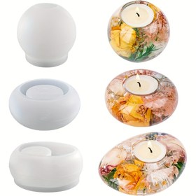 Resim 3 Parça 3D Yuvarlak Mumluk Kalıbı Seti, Oval Mum Standı Silikon Kalıp, Reçine DIY Küre Taş Saksı Alçı Dekor Kalıbı, Mini Mum Sergileme Kalıbı 