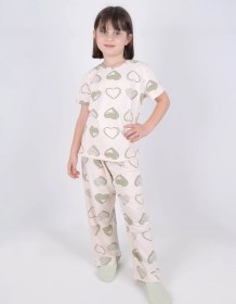 Resim Kız Çocuk Pamuklu Kalpli Desenli Pijama Takımı Kc30102 Ekru - Yeşil 