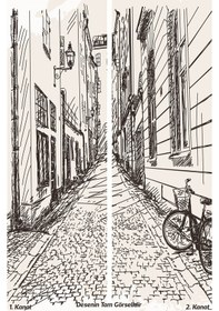 Resim Sokak Eskiz Desenli Süet Oturma Odası Salon Fon Perde Baskılı Ekstrafor Büzgü 2 Kanat Prd-1046 Çok Renkli 