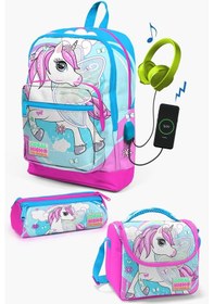 Resim Coral High Kids Mavi Neon Pembe Unicorn Desenli Usb'li 3 Lü Okul Çanta Seti Set0123811 
