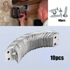 Resim 50 adet/set (10 braket ve 40 vida dahil), paslanmaz çelik dik açılı L şeklinde destek, metal bağlantı köşe braketi, mobilya yapısı için 