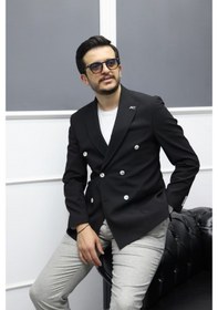 Resim Avni Ceylan Verde Dokulu Gofre Kumaş İtalyan Stil Slim Fit Kruvaze Erkek Ceket Siyah 