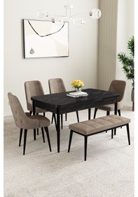 Resim Mabel Siyah Mermer Desen 80x132 Açılabilir Yemek Odası Takımı 4 Sandalye, 1 Bench Cappucino 