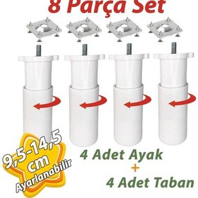 Resim 4 Adet Destek Ayağı 9,5-14,5 Cm Beyaz Ve 4 Adet Metal Düz Ayak Tabanı M8 Civatalı İnce Diş Mobilya Kanepe Baza Koltuk Seti 