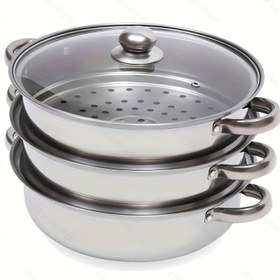 Resim 3 Parça Ağır Hizmet Tipi Paslanmaz Çelik Üst Üste Konulabilir Pişirme Seti - Kapaklı Çok Katmanlı Buharlı Pişiriciler ve Kazanlar, Kamp, Ocaklar İçin Taşınabilir Dış Mekan/Pişirme Tencereleri, Dayanıklı ve Kolay Temizlenebilir Siyah Kaplamasız Yüzey (Paslanmaz) 