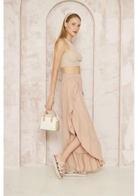 Resim Pasaklı Giyim Kadın Otantik Beli Lastikli Yırtmaçlı Salaş Şalvar Etek Bohem Pantolon 3635270 Bej 