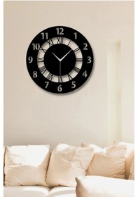 Resim Shelife Siyah Ahşap Yuvarlak Roma Rakamlı Duvar Saati 40x40 Cm Sessiz Akar Mekanizma Siyah 