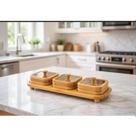 Resim 3'lü Standlı Bambu Çerezlik - Kapaklı Kahve Yanı Sunumluk Bambu Kase Kahvaltılık Sunum Kasesi Bambu 