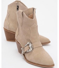 Resim Luvi Shoes Any Bej Taşlı Hakiki Deri Süet Kadın Topuklu Bot Bej Süet 