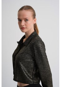 Resim Alexandergardı Desenli Uzun Kollu Dokulu Crop Gömlek Sarı - Siyah 