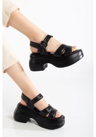 Resim Kadın Dolgu Topuk Sandalet Siyah 2 Kalın Bantlı Cilt-3854 Siyah 