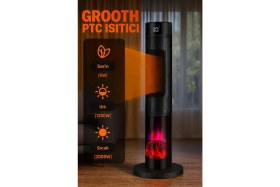 Resim Grooth Alev Efektli Kule Tipi Fanlı Seramik Isıtıcı Uzaktan Kumandalı Şömine Efektli Ptc Isıtıcı 