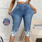 Resim Kadınlar için üç çeyrek paça tayt, skinny pantolonlar ile sentetik denim baskısı. 