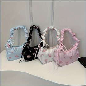 Resim Kadınların Çiçek Baskılı Omuz Çantası Ayarlanabilir Askılı - Hafif Günlük El Çantası 4 Renkte (Siyah/Beyaz/Pembe/Mavi) - Dayanıklı Polyester, Fermuar Kapatma ve Yağ Kenarı Süslemeli Günlük İşe Gidiş-Geliş, Geziler, Hediye, Bayanlar için El Çantaları 