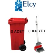 Resim Elcy 3 Adet Kırmızı Plastik Çöp Konteyneri 120 Lt Isıya Karşı Dayanıklı ve Faraş Hediyeli 