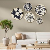 Resim Yuvarlak Ahşap Siyah Ve Krem Bitki Desenleri Tablo Seti 