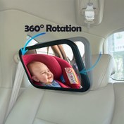 Resim 3-6 yaş aralığı için uygun, dikdörtgen şekilli, konveks lensli, evrensel uyumlu, ABS malzemeden yapılmış, çocuk koltukları için 360° dönebilen güvenlik aynası 