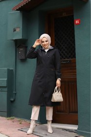 Resim Vibeys Collection Siyah İçi Çizgili Ve Kapüşonlu Su Geçirmez Kadın Trençkot 