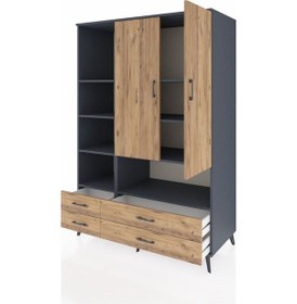 Resim Kronos Dolap 8 Raflı 4 Çekmeceli 2 Kapaklı 132x59x195 Antrasit-çam/çam Atlas Çam/atlas Çam 