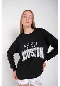 Resim Kadın Gri Houston Baskılı Bisiklet Yaka Oversize Sweatshirt Mdgnhouston Siyah 