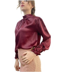 Resim Mois Atelier Bordo Saten Büzgülü Bluz Gömlek Tasarım Büyük Beden Tesettür Bordo 