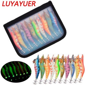Resim 10 adet 3D Baskı Kancaları: Aydınlık Kalamar Jig Balıkçılık Ahşap Karides Mürekkep Balığı Jigs Lures ve Çanta ile Lures 