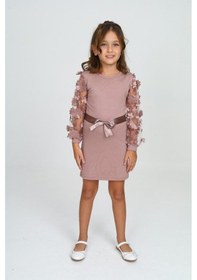 Resim Belden Bağlamalı Tül Detaylı Çocuk Elbise Mykids Collection Pudra 