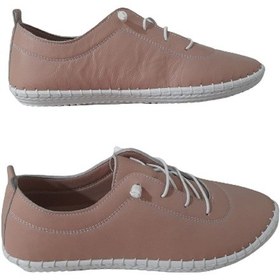 Resim Beren Pudra Kadın Hakiki Deri Bağcığı Lastikli Şık Ayakkabı Pudra 