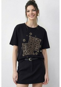 Resim Shade Kadın Taş Baskılı Leopar Desenli Bisiklet Yaka Regular Fit T-shirt 2209 60283975 - Siyah 