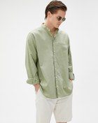 Resim Keten Karışımlı Gömlek Hakim Yaka Cep Detaylı Düğmeli Uzun Kollu 