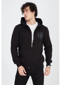 Resim Barlashive Erkek 3 İplik Pamuklu Fermuarlı Kapüşonlu Kanguru Cepli Baskılı Hoodie Hırka Sweatshirt - Siyah Çok Renkli 
