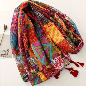 Resim 1 Adet Cesur Bohem Patchwork Şal, Renkli Karelerle Bezenmiş; Parsley Desenleri ile Geometrik Tasarımlardan Oluşan, İhtişamlı Çok Yönlü Bir Sanat Ziyafeti Gibi. Stil Özgürlügünü Benimseyene Maksimum Uyum 