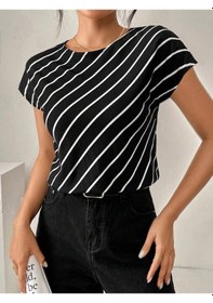 Resim Soonaksesuar Kadın Kısa Yarasa Kollu Bisiklet Yaka Çizgi Desenli Atlas Bluz Siyah 