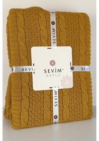 Resim Sevim Çift Kişilik Ponponlu Triko Örme Battaniye - Yumuşak Doku & Şık Tasarım - Mint Yeşili - 220x240 Cm Hardal Hardal 