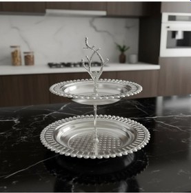 Resim Manolya İki Katlı Yuvarlak Gümüş Renk Servis Tepsisi Gümüş 